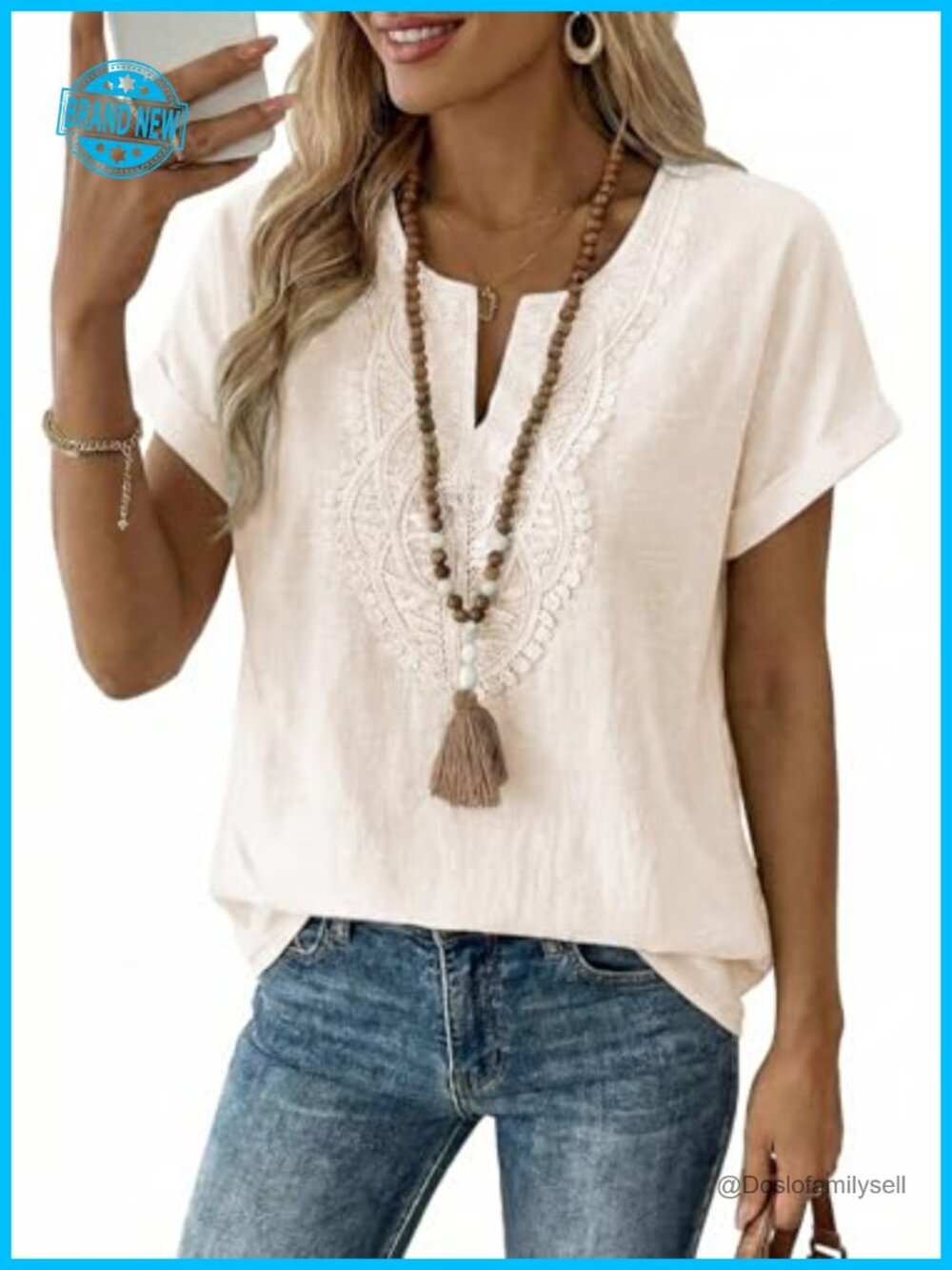 Womens Notched V-Neck Crochet Boho Short Sleeve Loose Fit Summer Tops